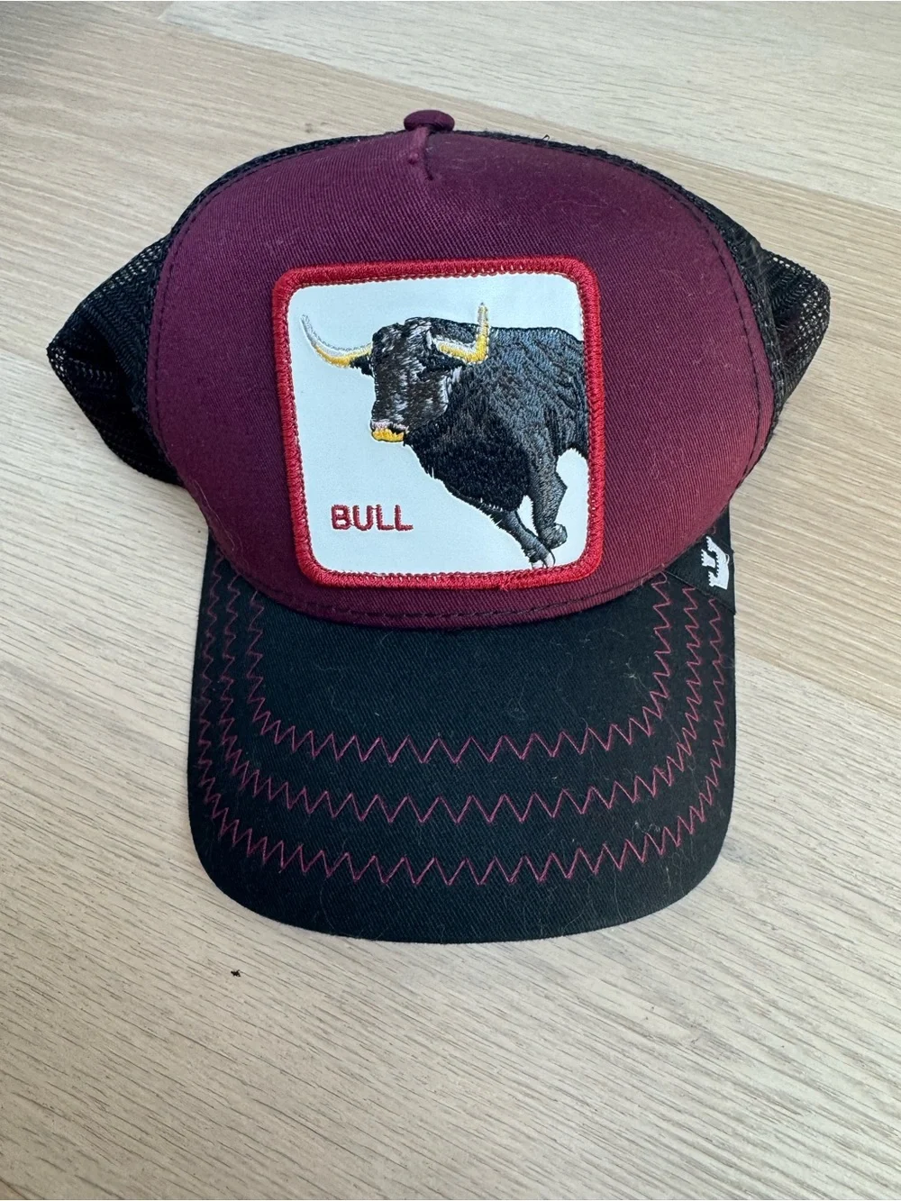 Goorin Bros Maroon and Black Bull Patch Trucker Hat